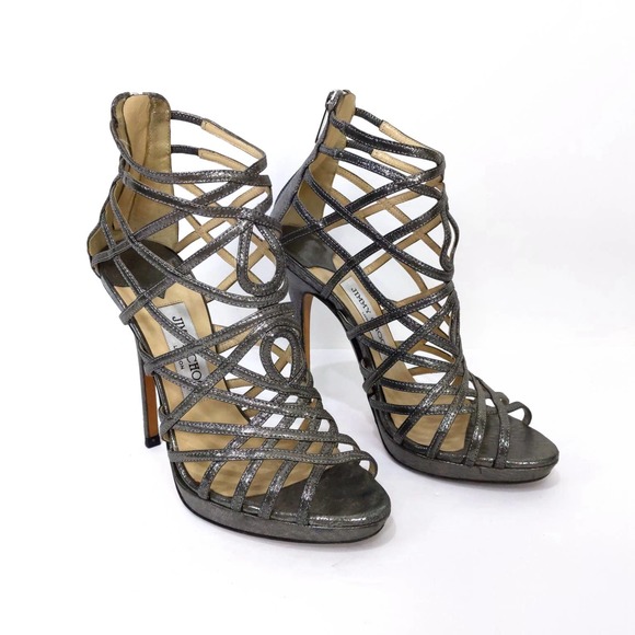 Jimmy Choo Glitter Leather Gladiator Heels In Anthracite Metallic Silver Gray - Picture 2 of 12
